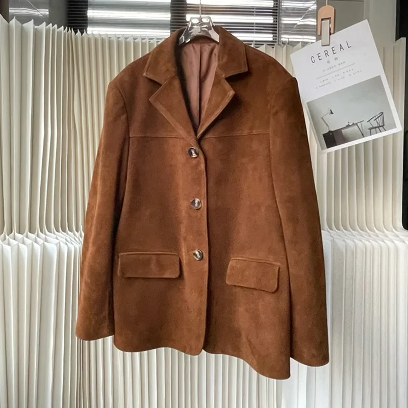 Retro Kid Suede Jacket for Women High Sense Loose Oversized Leather Suit Blazer Female Back Slit Midi Long Coat Single Breasted