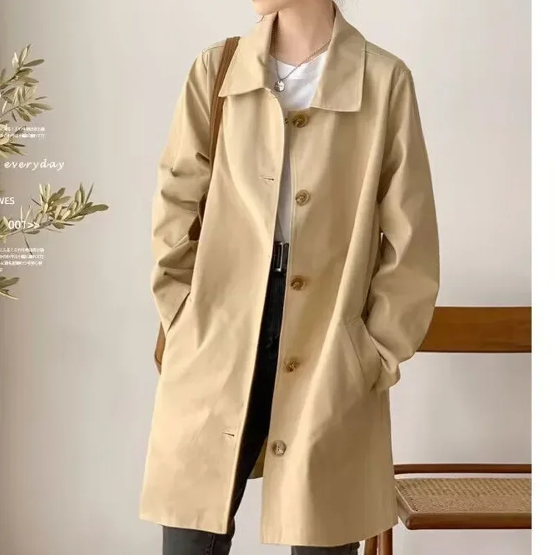 Women's Medium-length Korean Style Trench Jacket Loose Fit Solid Color Versatile Top for Spring Autumn Student Trendy