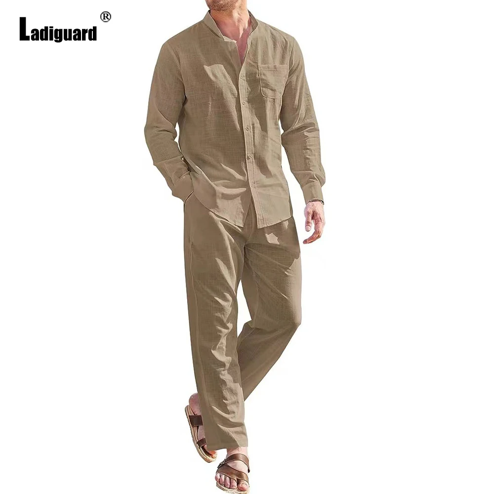 Ladiguard Plus Size Mens Casual Linen Two Piece Sets 2023 Europe Style Basic Tops and White Pants Suit Male Beach Tracksuits Set