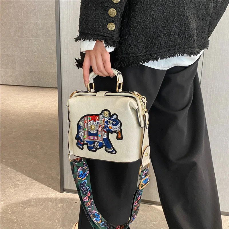 Boho Ethnic Elephant Embroidery Handbag Vintage PU Leather Crossbody Bag Widestrap Shoulder Purse For Women Daily Travel Storage