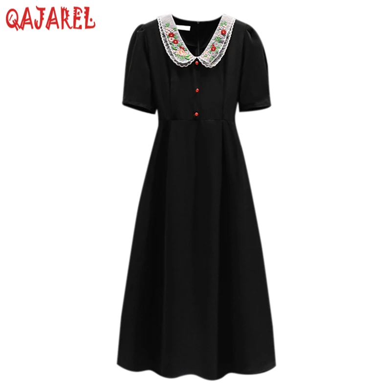 2024 Black Patchowrk Embroidery Polo Collar Midi Dress Women Korean Vintage Hepburn Dress Summer Elegant Bodycon Casual Dresses