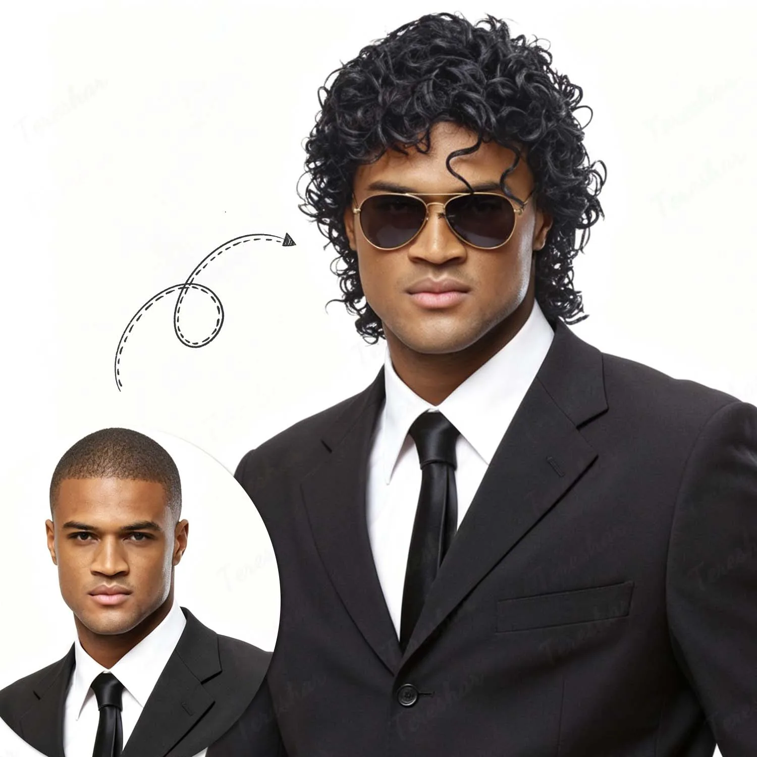Men Short Black Curly Rocker Disco Wig with Glasses Boys Wet Look Wig 70s Mullet Wig Michael Jackson Role Play Synthetic Wig view 2