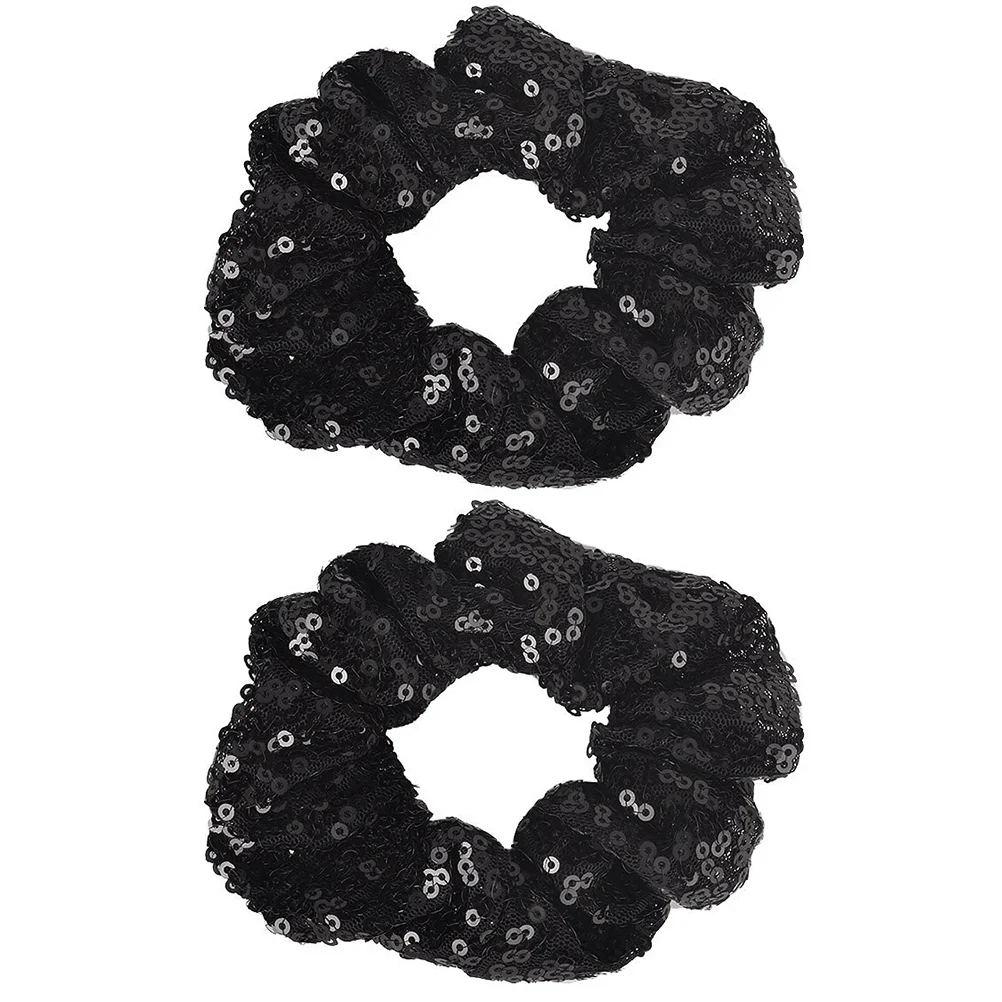 

2 PCS Bannana Clips for Hair Christmas Sequin Tie Ties Elastic Ropes Ring Ponytail Holder Accessories Black Cloth Band Child