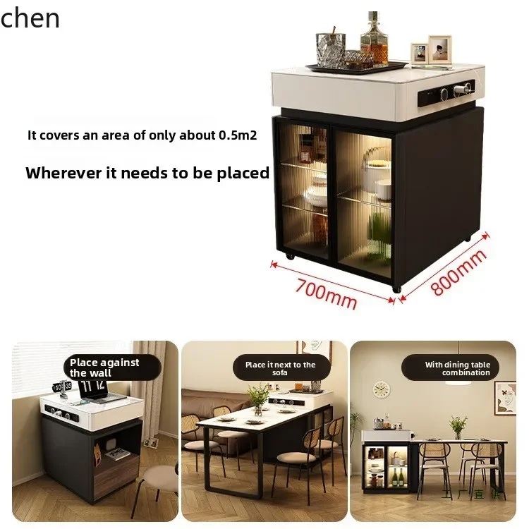 HYS Home Single Island Cabinet Movable Multifunctional Detachable Dining Table Glass Door Rock Plate Center Console