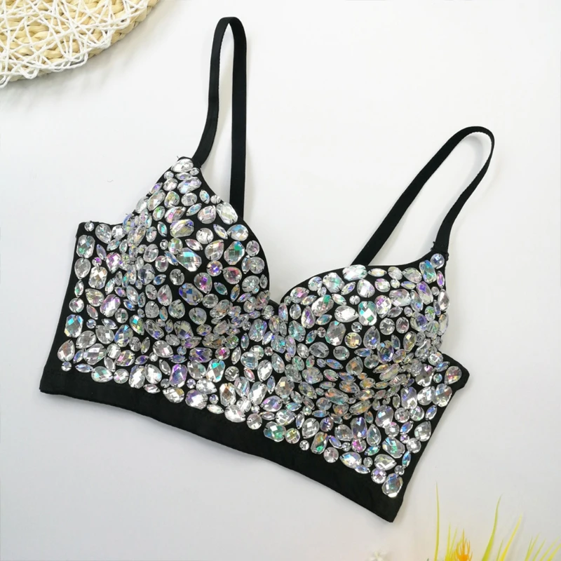 Women Sexy V-Neck Rhinestone Bustier Bra Glitter Colored Diamond Gemstone Push Up Corset Camisole Rave Sling Crop Top