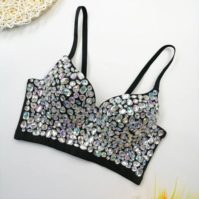 U2JF kobiety Sexy dekolt stanik gorsetowy brokat kolorowy diament kamień Push Up gorset Camisole festiwal Spaghetti