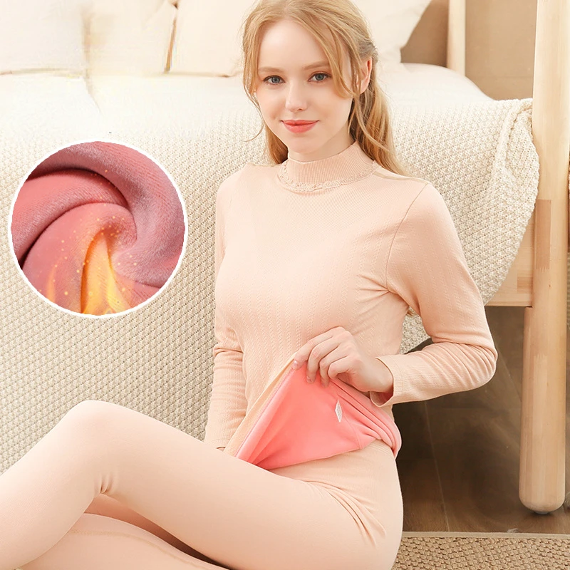 Thermal Underwear Women\'s Thick and Velvet Mid-high Neck Wool Fleece To Keep Warm Tops Body Tights Autumn Clothes Cotton Winter