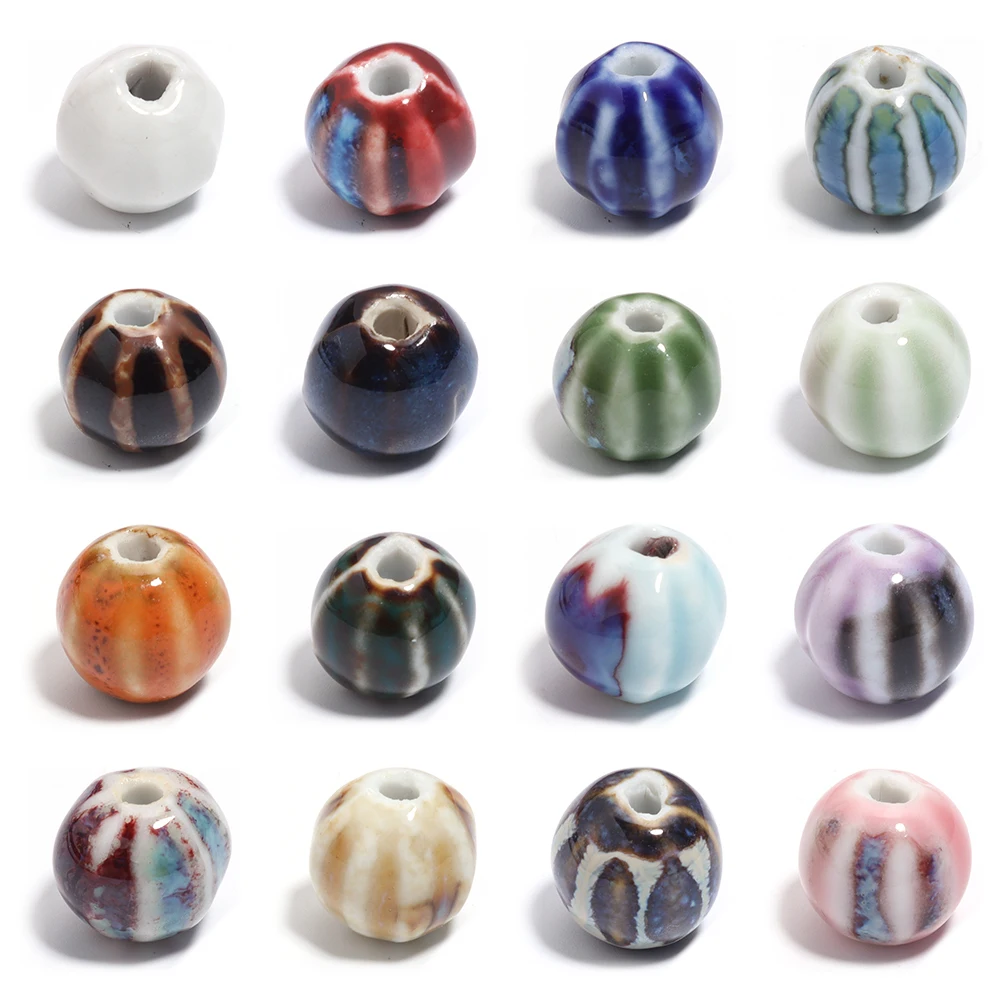 10Pcs Pumpkin Shape Stripe Ceramics Beads Watermelon Floral Glaze Beads for Jewelry Making DIY Loose Spacer Beads Accessories