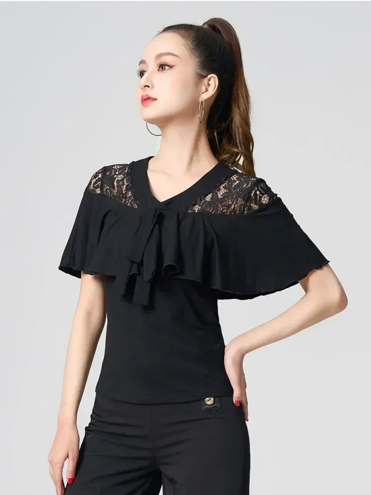 

Кружевной лоскутный костюм для латинских танцев, топы для вальса, современная одежда для танго для взрослых, женская однотонная вечерняя одежда с короткими рукавами для выпускного вечера, живота