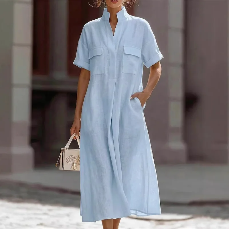 

Новое женское льняное платье миди с воротником-стойкой, коротким рукавом, карманами, повседневное, свободного кроя, в стиле рубашки