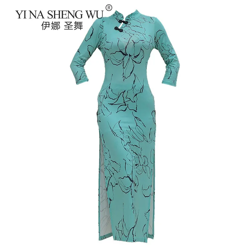 Chiński Styl Klasyczny Ludowy Taniec Cheongsam Nadruk Rozcięte Końcówki Samodzielna Kultywacja Strój do Ćwiczeń Elastyczny Damski