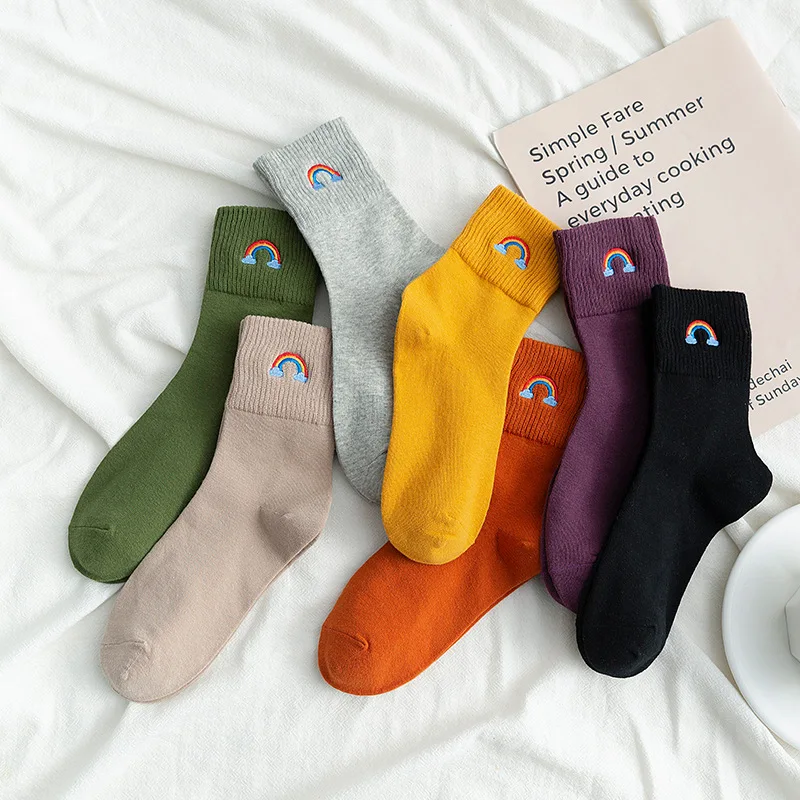 5 pairs lot pack Women socks Japanese korean style rainbow embroidery colorful cute happy pure warmful comfortable cotton socks