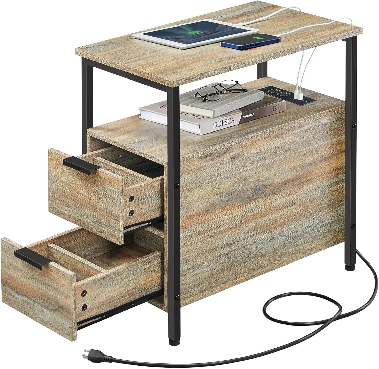 

Side Table with Charging Station, Narrow End Table with 2 Drawers, Slim Nightstand and Bedside Table with Storage, for Small Spa