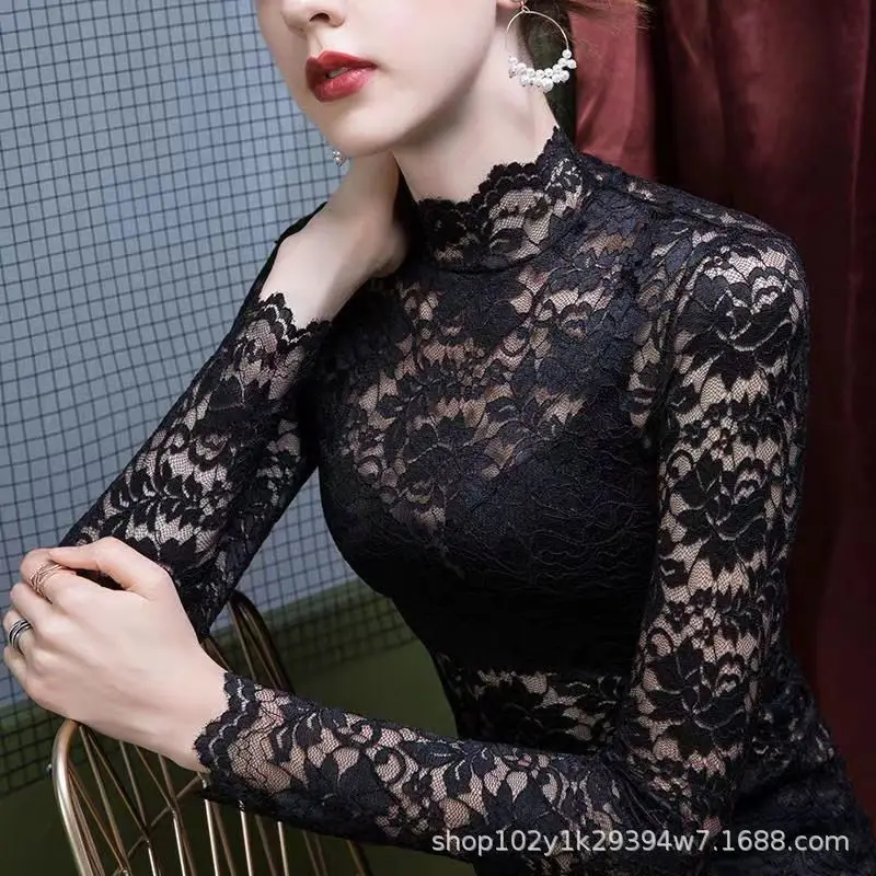

Half High Collar Lace Women's Long Sleeve Undershirt Autumn Winter Sexy Mesh Hollow Out Floral Print Slim Fit Stylish Top