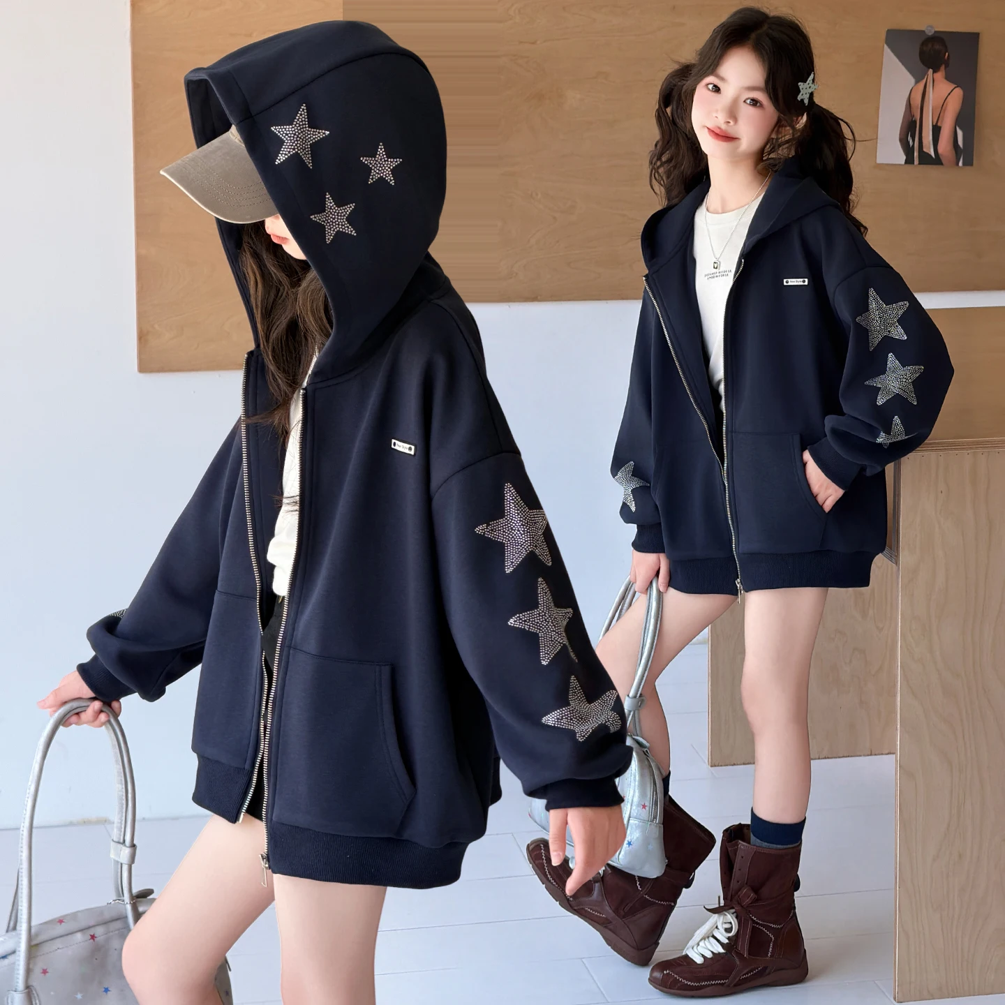 Spring Autumn Children Star Patch Embroidery Hot-drilling Hooded Sweatshirts Girls Long Sleeve Zipper Cardigan Vintage Coats