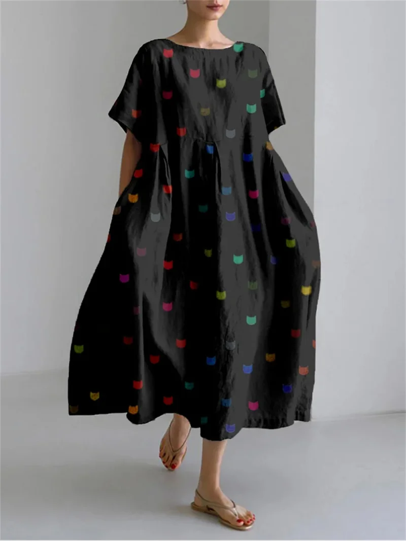 Vintage Kitten Print Short Sleeve Long Skirt Ladies Large Size Loose Round Neck Pocket Dress Summer New Daily Casual Dress ﻿