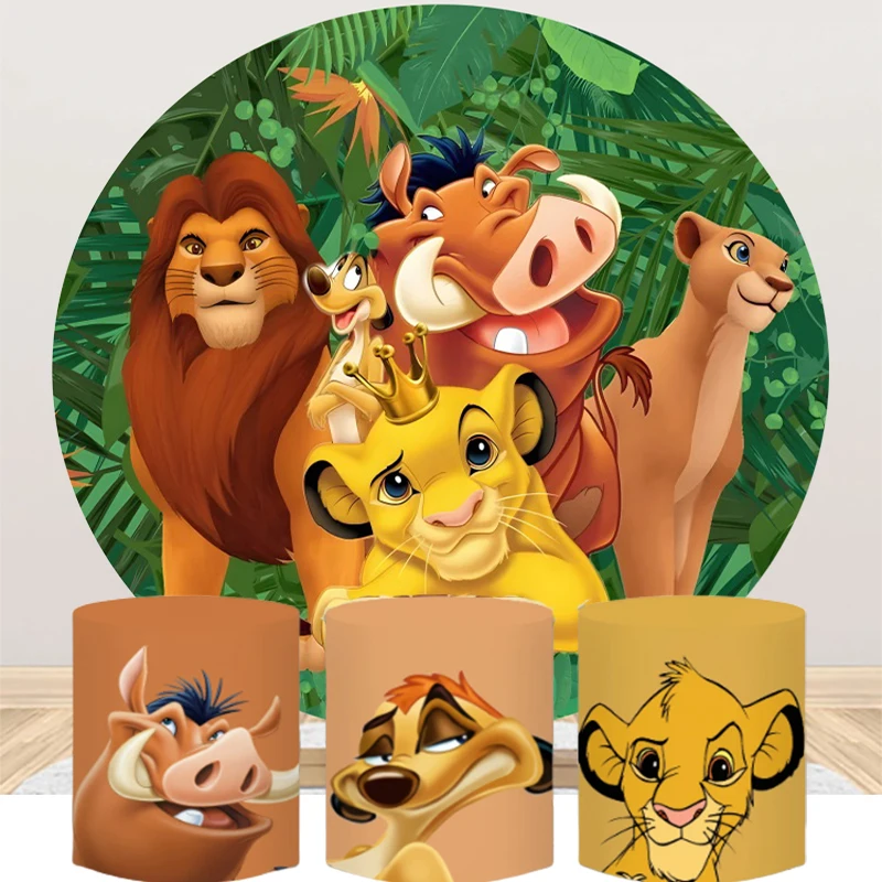 The Lion King Round Backdrop And 3 Cylinder Covers Background For Photography Baby Shower Boy Birthday Party Decoration Plinth
