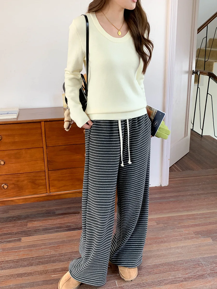 بنطال نسائي شتاء 2025 كاجوال عالي الخصر برباط من القطيفة واسع الساق فضفاض مناسب بنمط مريح #4