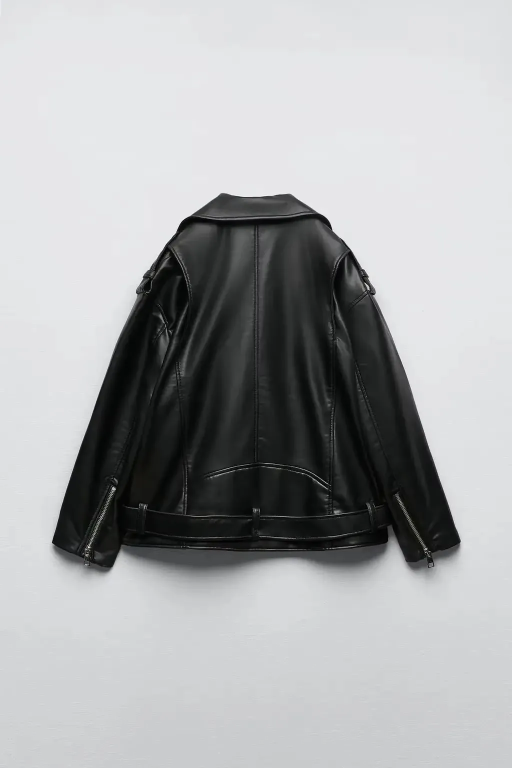 BBWM-Chaqueta de piel sintética con cinturón para primavera y otoño, abrigo con cremallera para mujer, prendas de vestir holgadas para motociclista, color negro