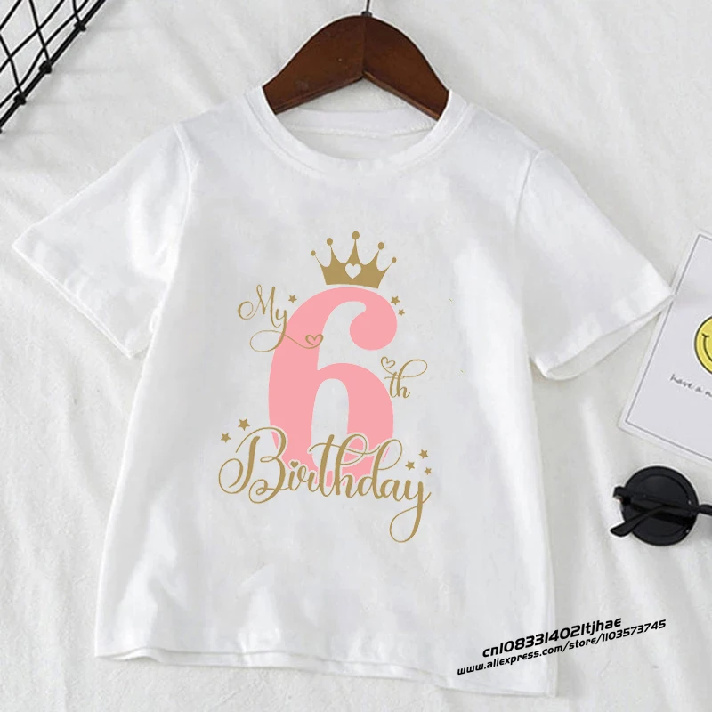 Kids T Shirt Birthday Numbers 1-10 Crown Shirt Summer Girls Birthday Tops White Short Sleeve Wild Tees Children Party Clothes