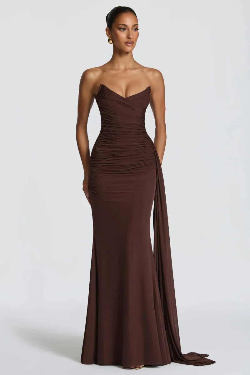 

2026 New Brown Strapless Evening Dress, Elegant Slim Prom Dress, Ladies Formal Party Dress, Wedding Dinner Prom Party Dress