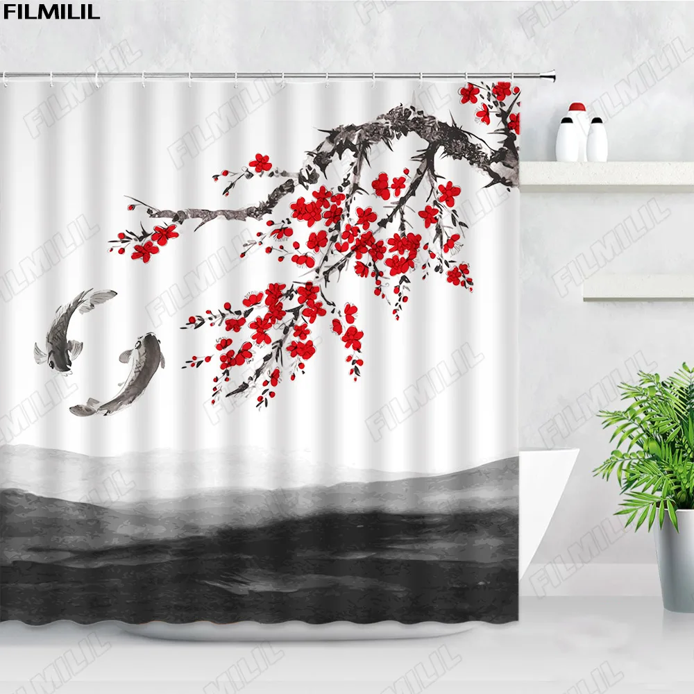 Ink Plant Flowers Shower Curtain Red Plum Japanese Cherry Blossom Bath Curtains Watercolor Print Modern White Bathroom Decor Set