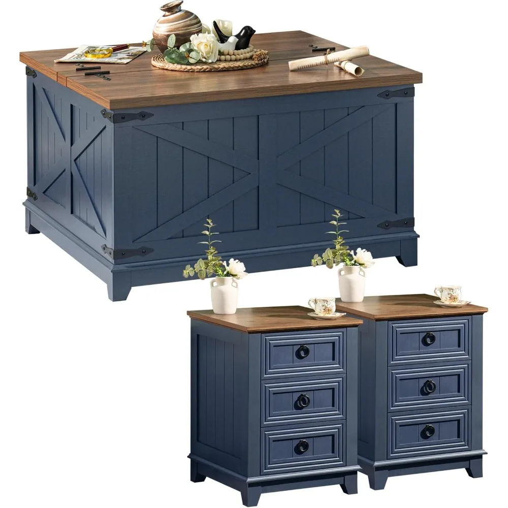 

3-piece farmhouse style coffee table set with storage and nightstand, large country living furniture