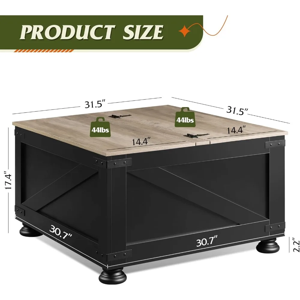 Meja kopi atas Farmhouse, Meja tengah kayu persegi 31.5 "dengan tutup Flip-Top dan kompartemen penyimpanan tersembunyi besar