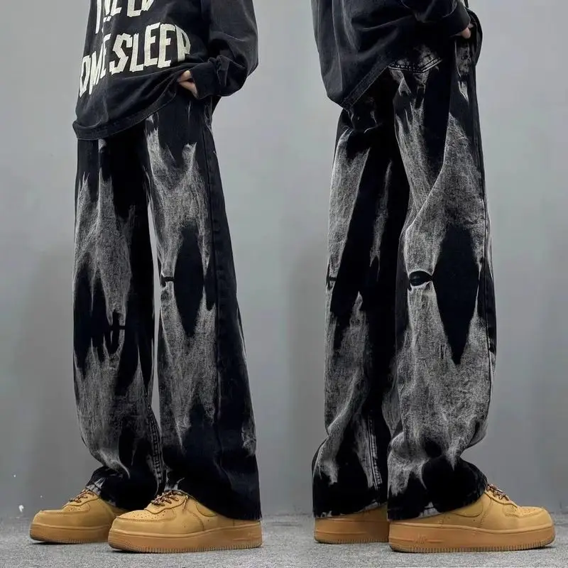 

Spring Autumn Men's Goth Black Tie-dye Jeans Hip Hop Fashion Gradient Wide-leg Denim Pants 2025 New Vintage Baggy Jean Hombre