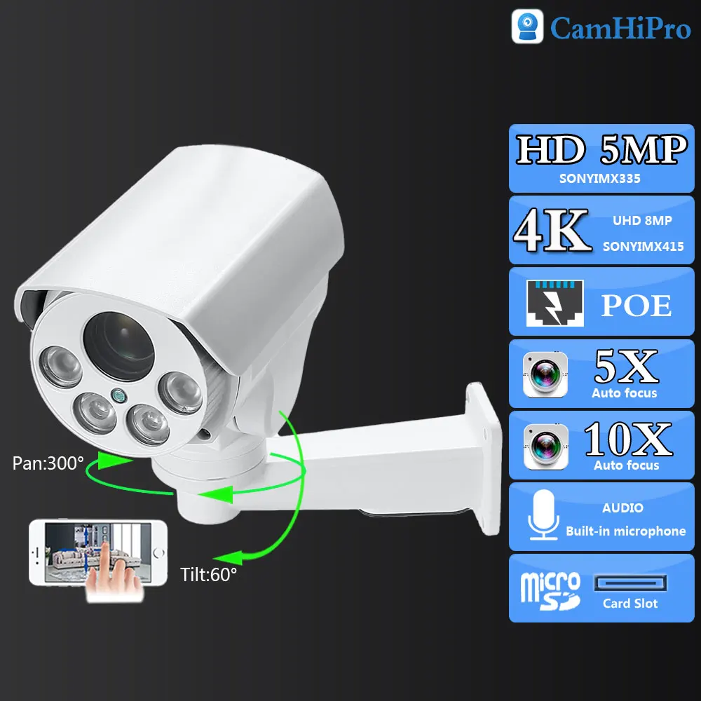 

Camhi SO-NY415 4K 8MP Security PTZ POE Kамера 5MP 5X 10X Оптический зум Аудио Отслеживание человека ИК 50M Ночная версия