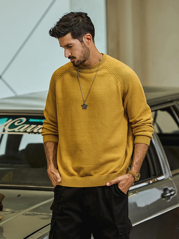 

Мужской свитер в американском ретро-стиле с круглым вырезом и вставками на плечах, свободный повседневный пуловер, модный хлопковый трикотажный топ