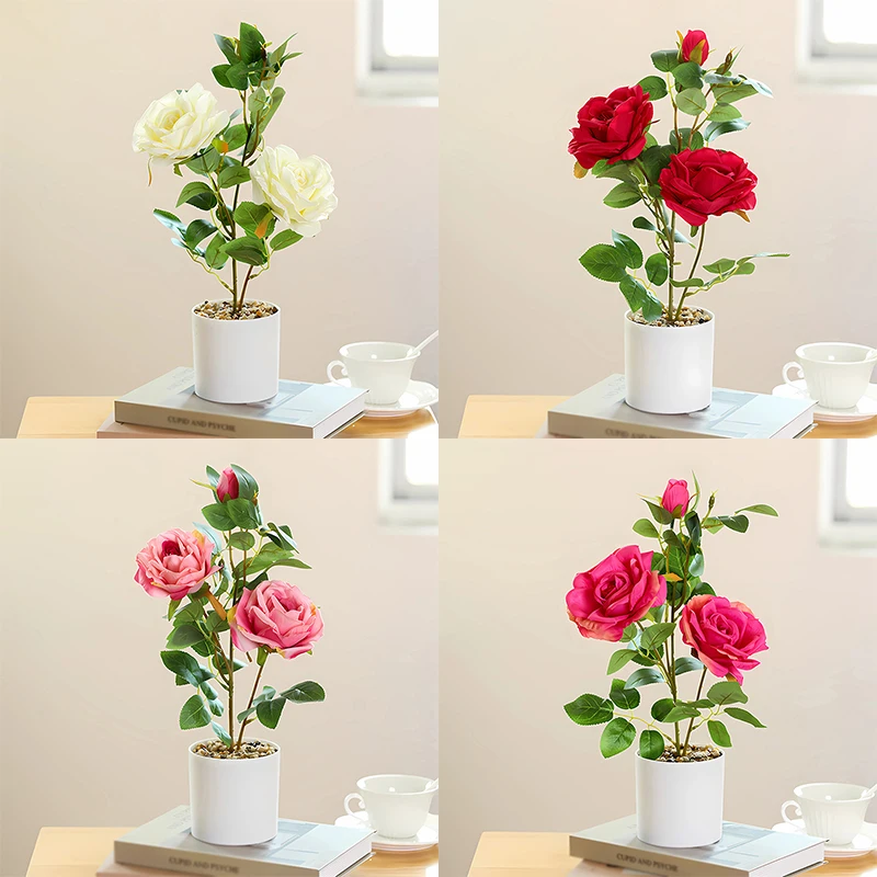 

Artificial Plant Pot Rose Desktop Decor Faux Silk Flower Indoor Outdoor Artificial Flower Plants Bonsai for Home Fake Decoration