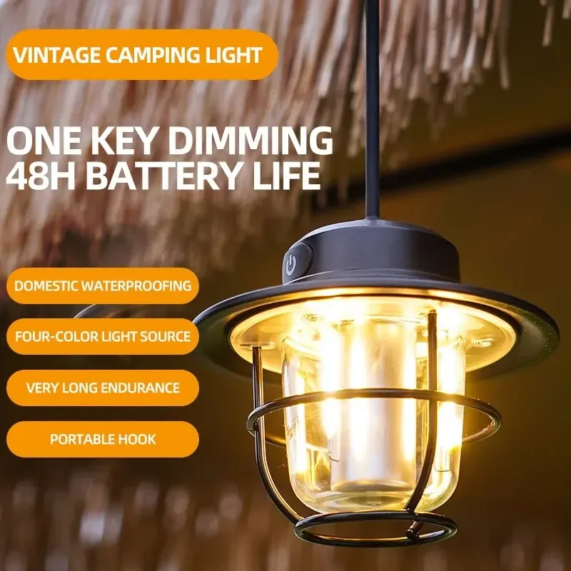 

LED Camping Lamp Retro Hanging Lamp Portable Stepless Dimming Camping Light Waterproof Rechargeable Outdoor Light Lantern