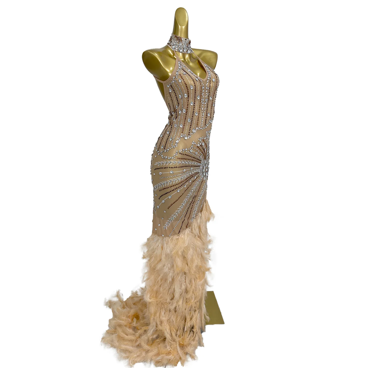 Chuliuxiang femmes élégantes haut de gamme robe de soirée Sexy Perspective maille épissage plume jupe robes de bal anniversaire nouvel an robe