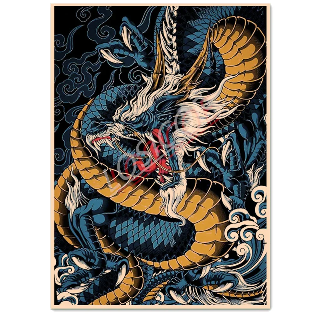 Green Dragon Ukiyo-e Tattoo Art Posters and Prints Wall Art Mural Vintage Kraft Paper Painting Wall Stickers Bar Cafe Home Decor