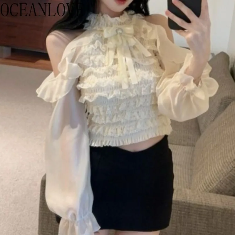 

OCEANLOVE Woman Shirts&blouses Ruffles Spring Autumn Short Blusas Mujer Solid Korean Fashion Halter Elegant Retro Camisas