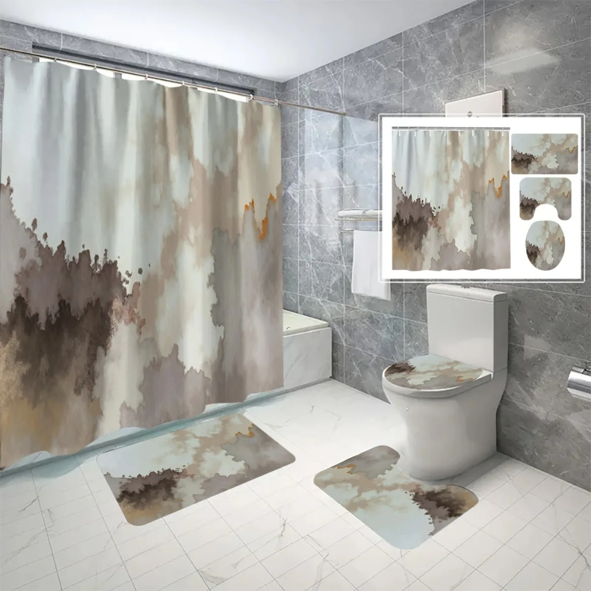4pc Abstract watercolor cloud pattern bathroom set, shower curtain with hooks, U-shaped mat, non-slip mat, toilet seat cover.