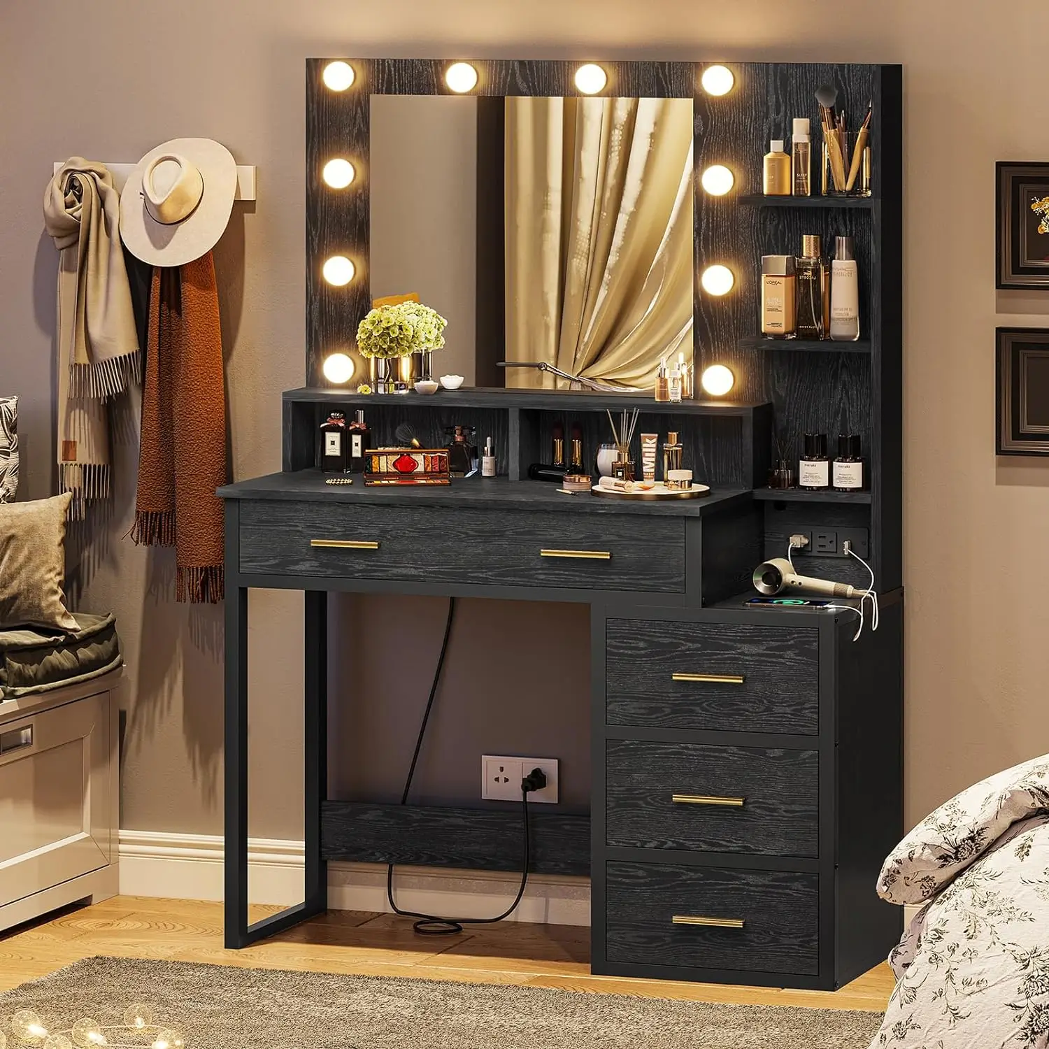 

Makeup Vanity with Lights and Charging Station, Vanity Desk with Mirror and Lights, Dressers with 5 Drawers and Shelves, Black