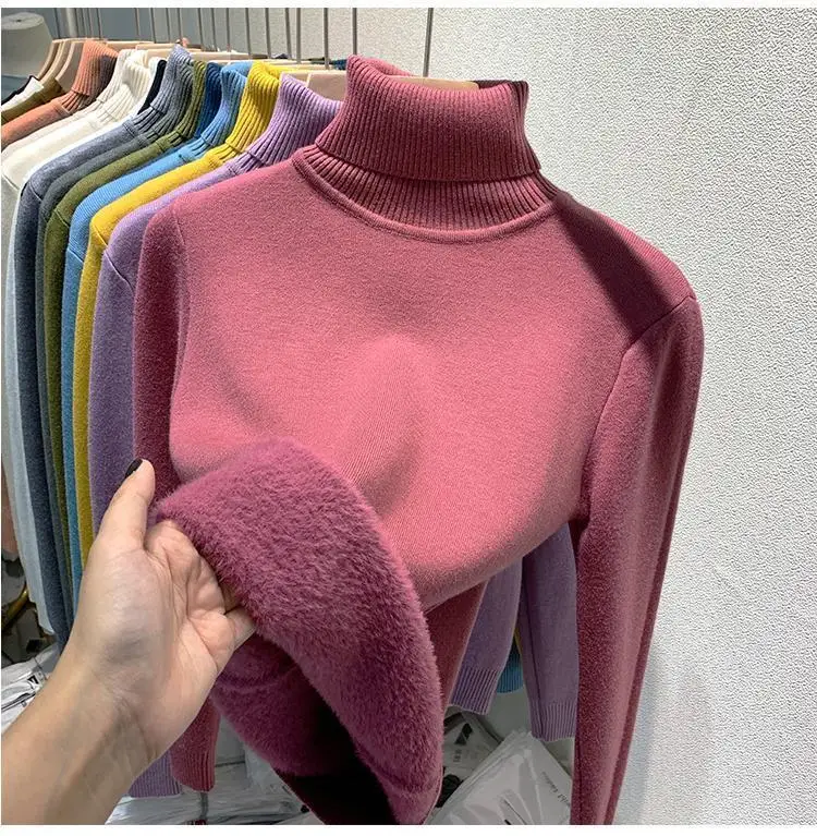 2025 New Thicken High Collar Pullover Women's Sweater Top Winter Warm and Soft Solid Color Inner Wear Bottoming Shirt
