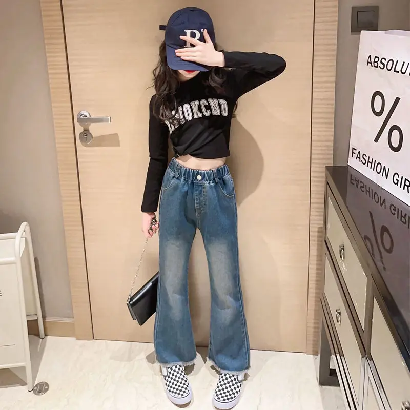 

Baby Girls Denim Stretch Kids Wide Leg Pants Children Outwear Trousers for Teenager Girl Spring Autumn Bell-bottoms Jeans Q648