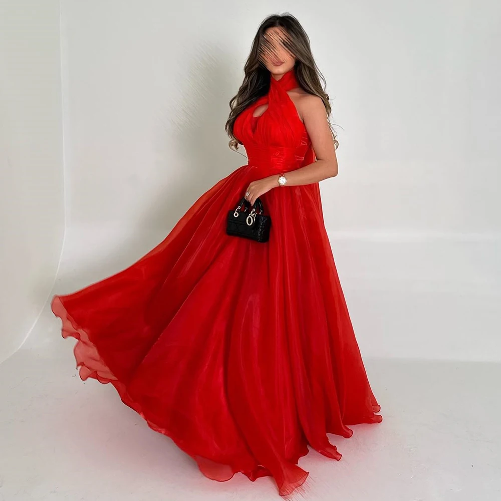 

High Collar Sleeveless Draped A-line Evening Dresses Floor Length Solid Color Prom Gowns for Women Party فساتين للحفلات الراقصة