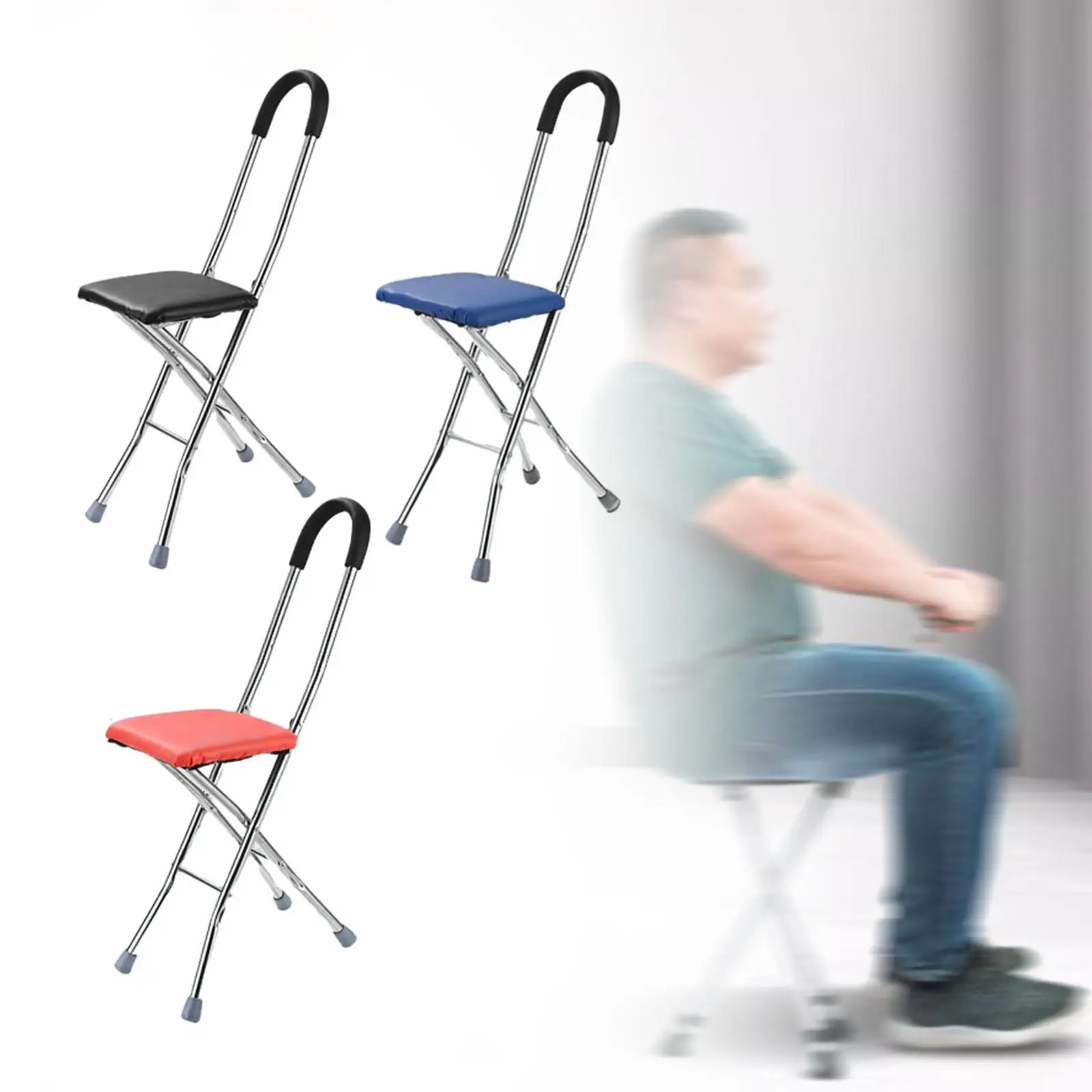 Folding Cane Seat Outdoor Rest Stool 4 Legs Lightweight Cane Chair Travel Cane Cane Stool for Men Seniors Elderly Hiking Grandpa