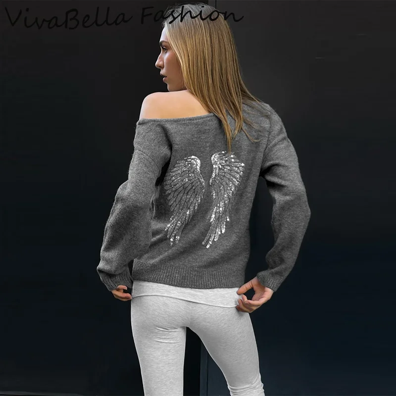 

Shiny Sequin Wings Off Shoulder Knitted Sweater Women Big Neck Long Sleeved Knitted Pullovers 2025 New Autumn Casual Lady Tops