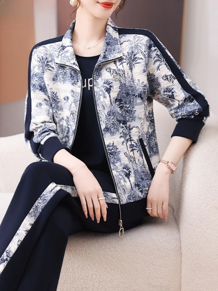 

Spring Faion Mommy Outfit 2025 New Stand Collar Jaet Spor Women's Two-Piece Set Loose Fit Long Pants Regular Sve