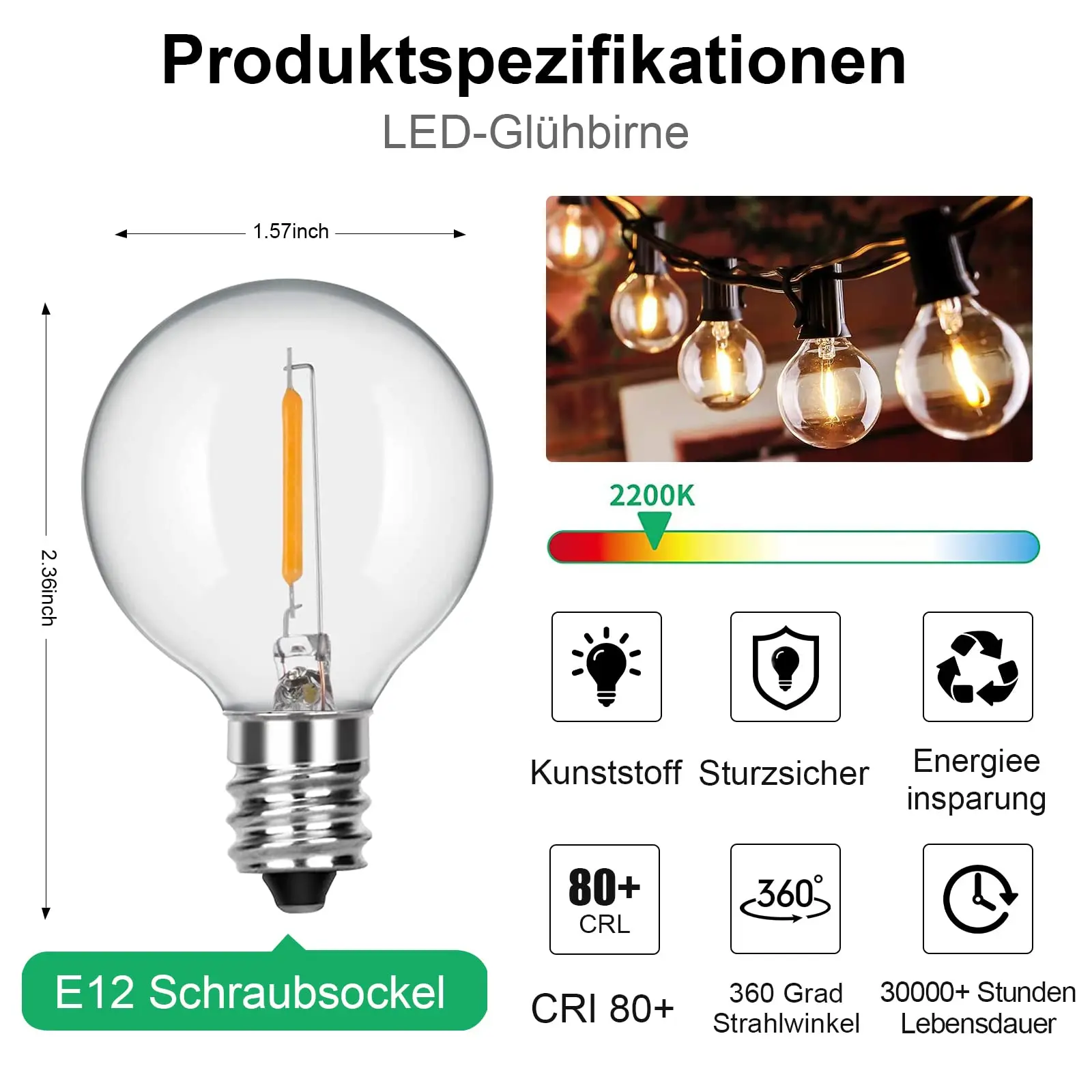 Lâmpada de substituição LED String Lights, lâmpadas brancas quentes, lâmpadas incandescentes, G40, E12, 220V, 2200K, 7W, 25Pcs