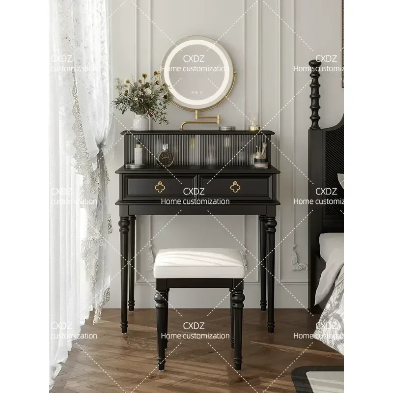 Solid Wood Dresser 80CM Retro Black Makeup Table for Master Bedroom Small Apartment Light Luxury Vanity Desk with Advanced