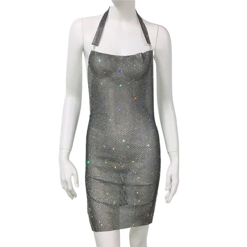 Damen Glänzendes Strass-Mesh-Neckholder-Minikleid Sexy Durchsichtiges Funkelndes Bodycon-Kleid Clubwear Strandparty-Überwurfkleid платье женское 2026 – Detail 5