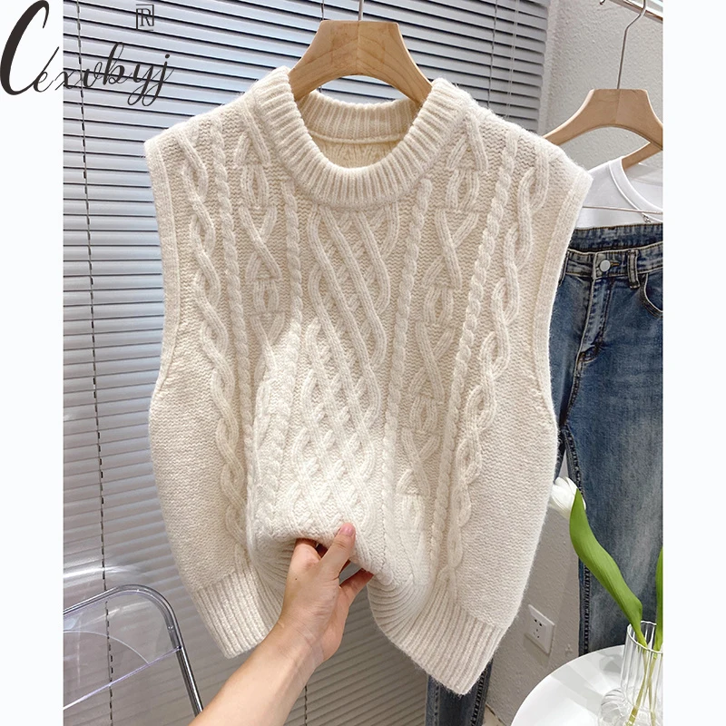 

Винтажный вязаный жилет для женщин, весна-осень, свитер без рукавов с круглым вырезом, пуловер, корейская мода, однотонная трикотажная одежда, базовый топ