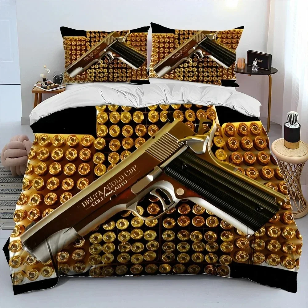 3D Rifle Revolver Cartridge Gun Comforter Bedding Set,Duvet Cover Bed Set Quilt Cover Pillowcase,King Queen Size Bedding Set