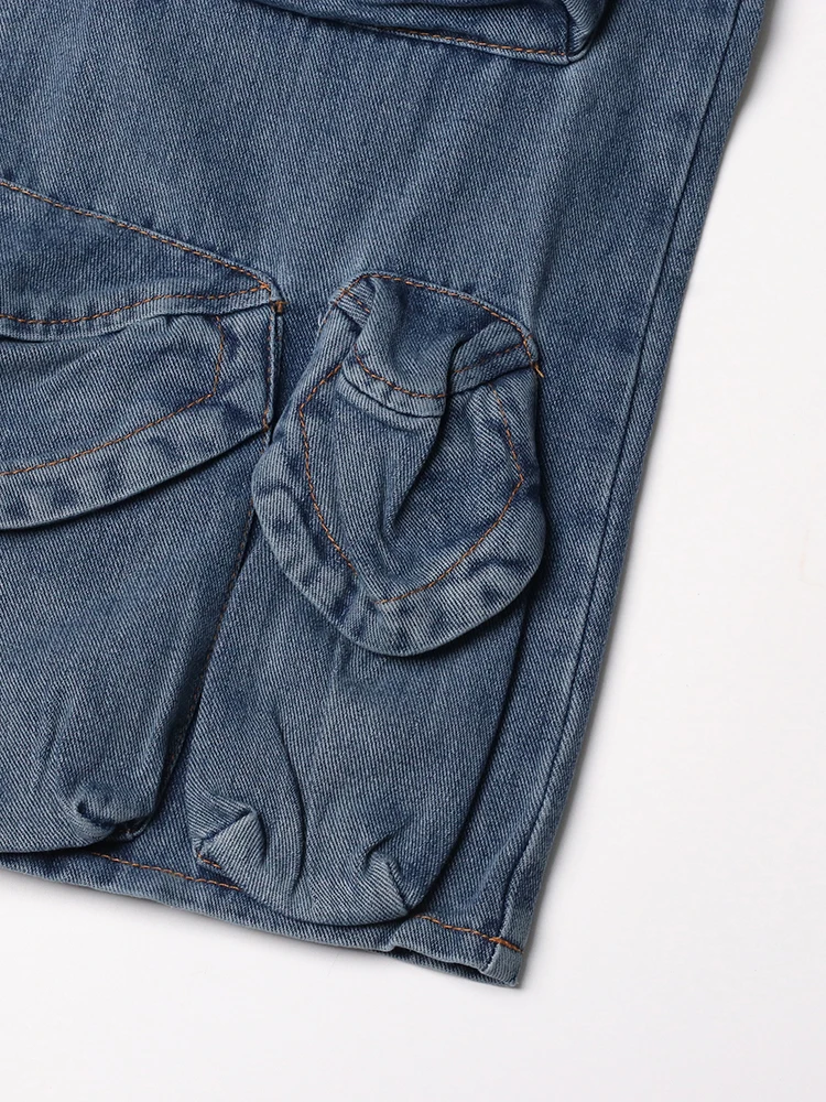 Pantalones Cargo de mezclilla para mujer, ropa de calle de cintura alta, bolsillos de retazos, pantalones sueltos de Color impactante, pantalones largos de pierna ancha, moda femenina